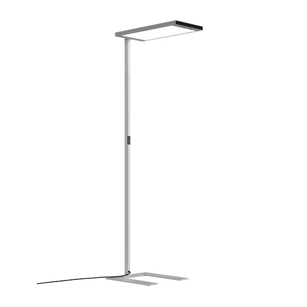 Waldmann LAVIGO.single G3 LED Stehleuchte mit Gehäuse in Silbermetallic, freistehend vor weißem Hintergrund.