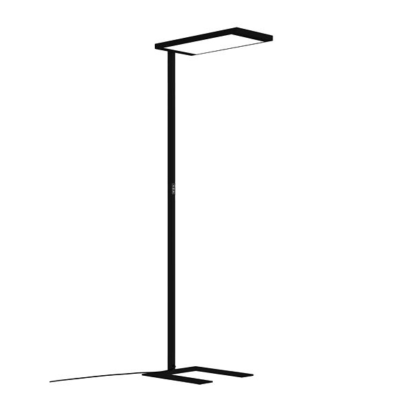 Waldmann LAVIGO.single G3 LED Stehleuchte mit Gehäuse in Tiefschwarz, freistehend vor weißem Hintergrund.