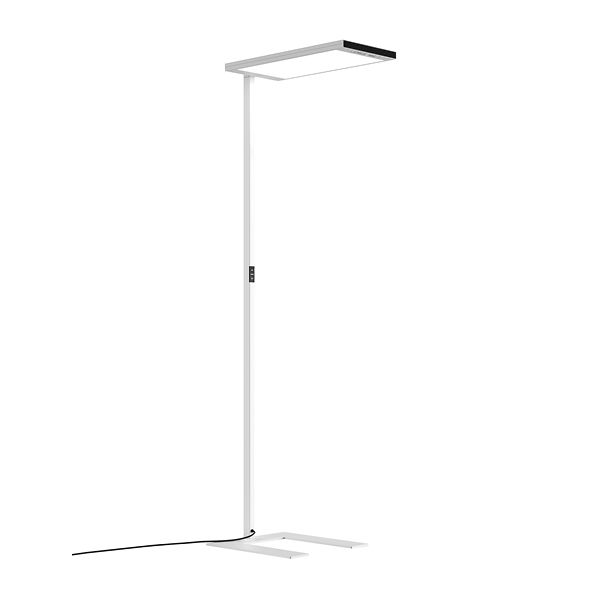 Waldmann LAVIGO.single G3 LED Stehleuchte mit Gehäuse in Weiß, freistehend vor weißem Hintergrund.